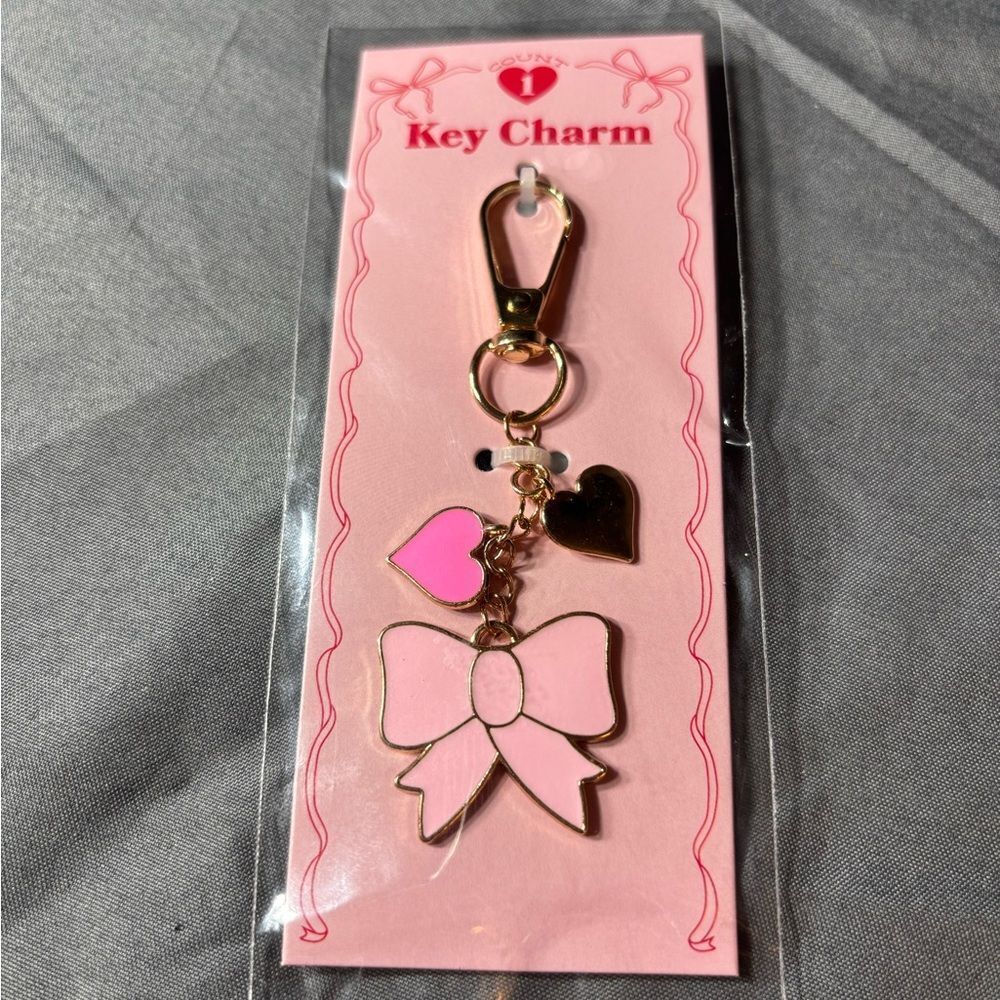 Gold-Tone Pink Bow & Hearts Key Charm